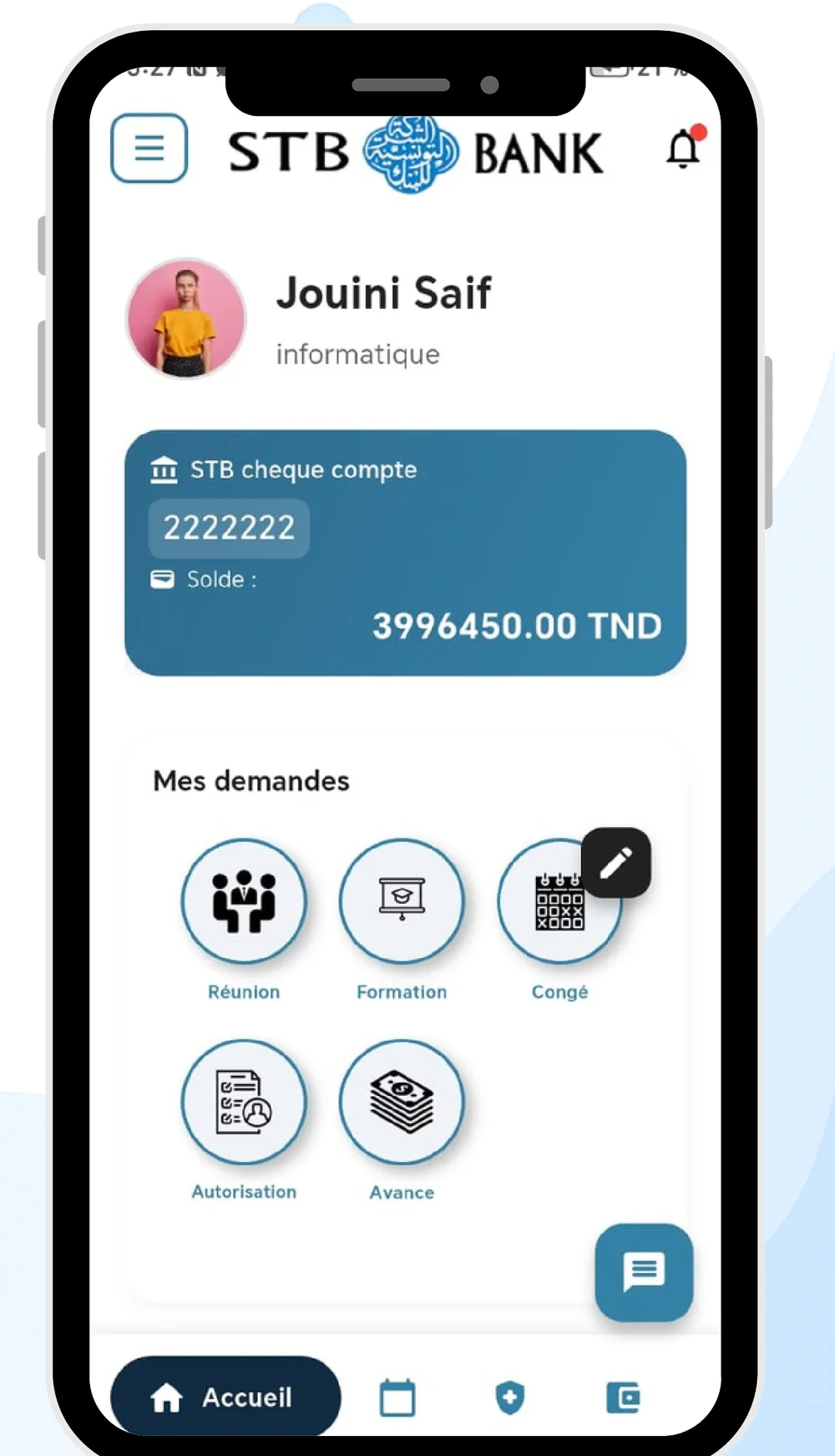 The DigiRH home screen showing an account balance and the request shortcuts