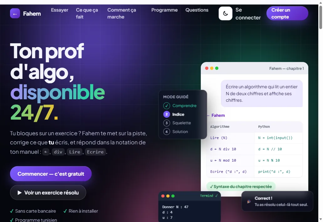 The Fahem landing page