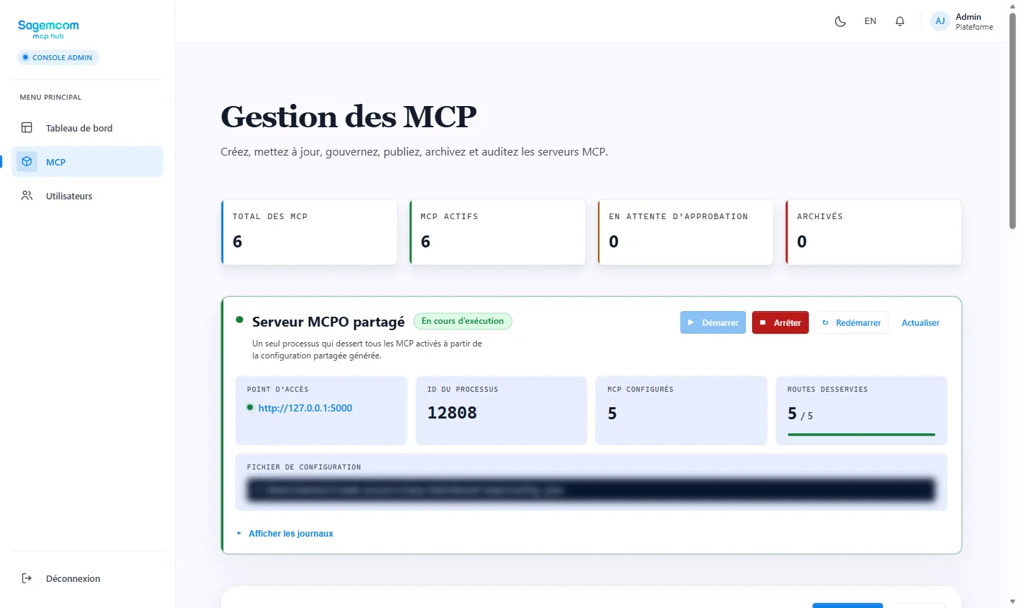 The admin view for managing MCP servers