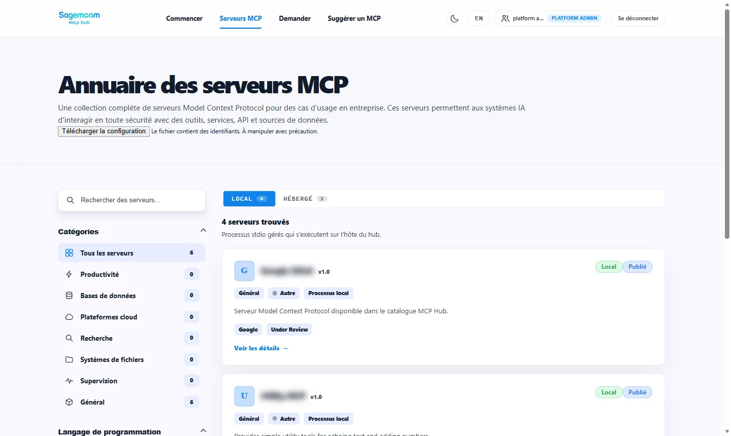 The MCP Hub catalog listing servers with their lifecycle state