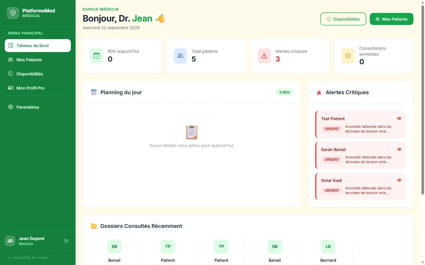 The doctor dashboard showing the day’s schedule and critical alerts