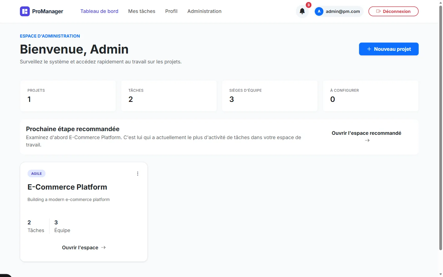 The admin dashboard with project, task and team counters
