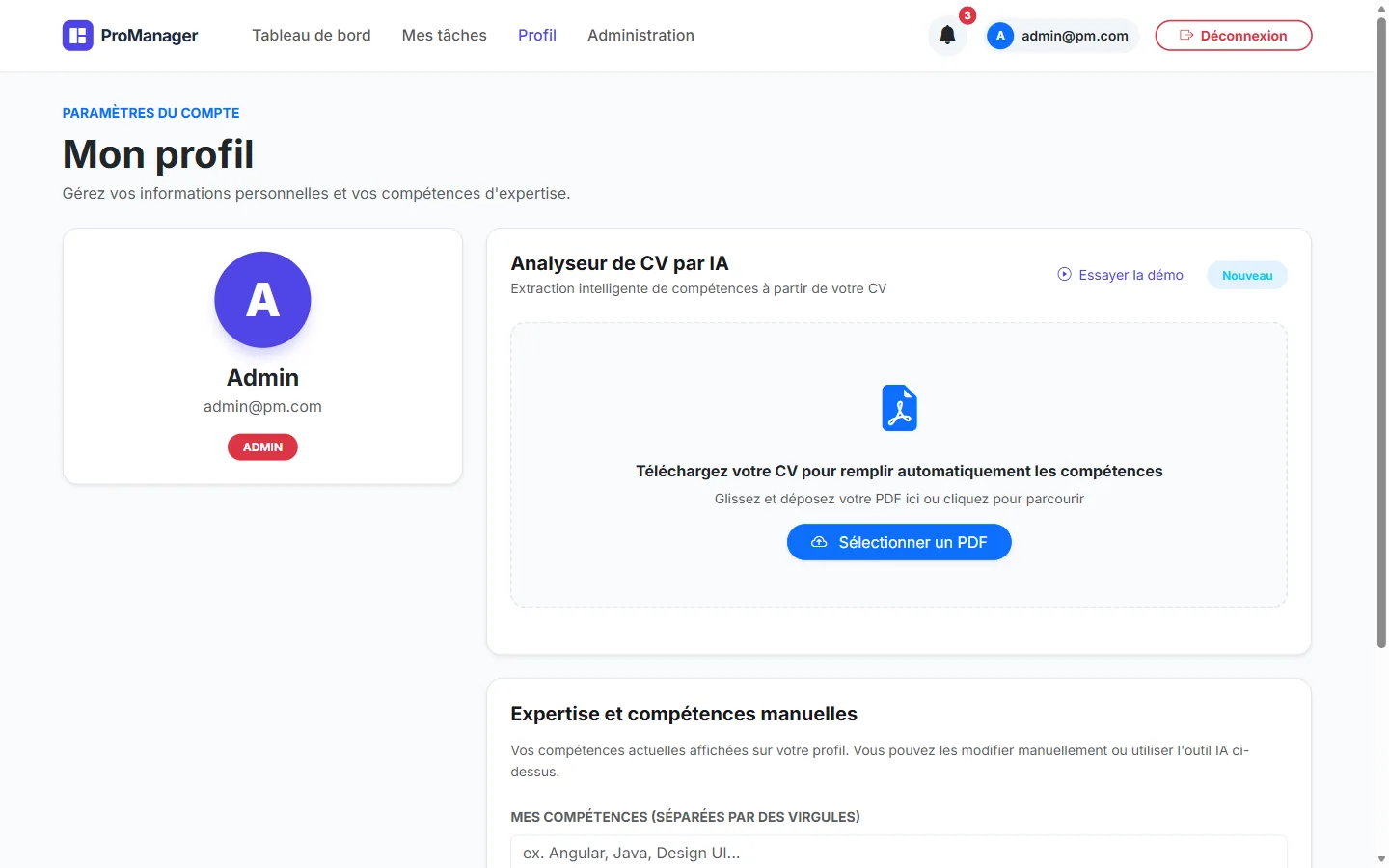The AI CV analyser, offering to extract skills from an uploaded PDF résumé
